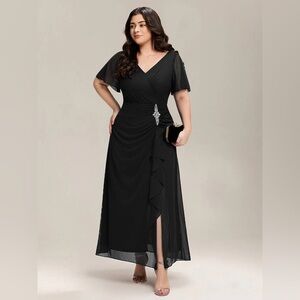 🆕Plus Size Rhinestone Embellished Chiffon Ruffle Sleeve Dress